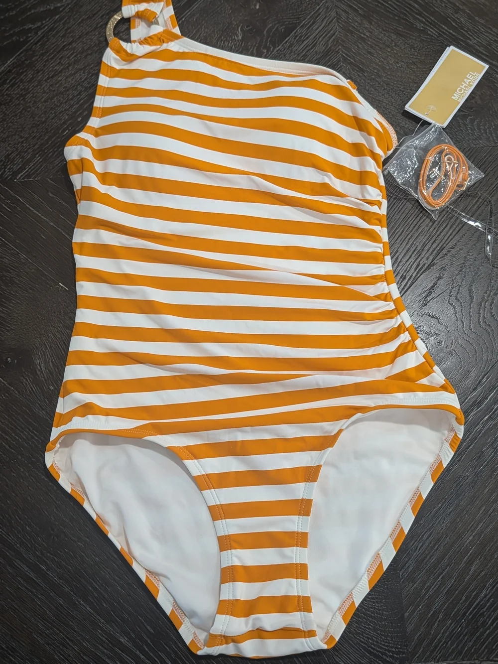 Old Money Michael Kors One-Shoulder White and Orange Striped Swimsuit